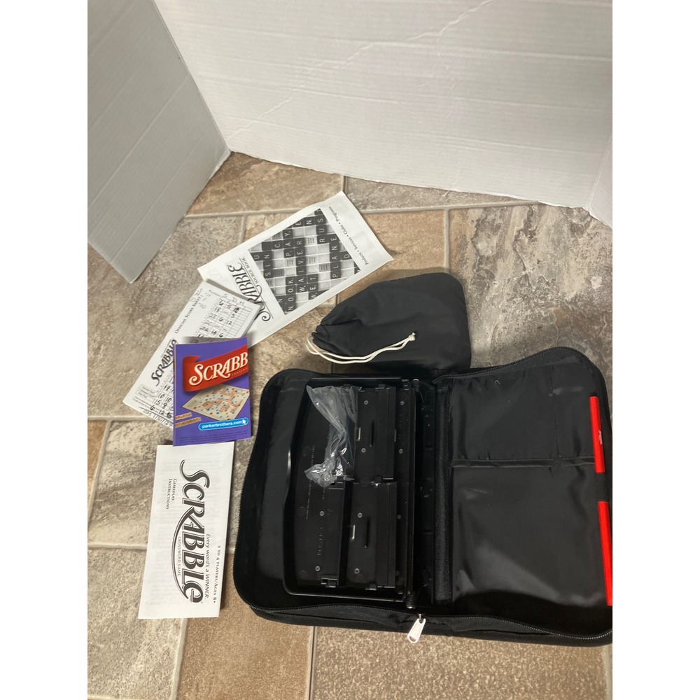 Scrabble Deluxe Travel Edition Folding Game Board with Bag and Rules